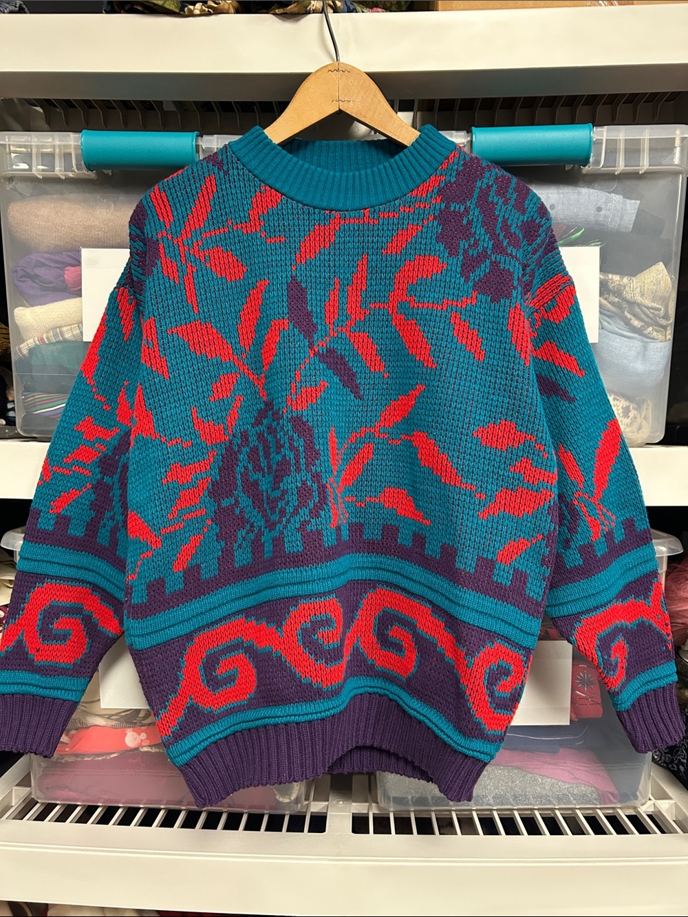 Vintage Cabin Creek Teal, Purple, & Red Floral Knit Sweater Oversized Pullover